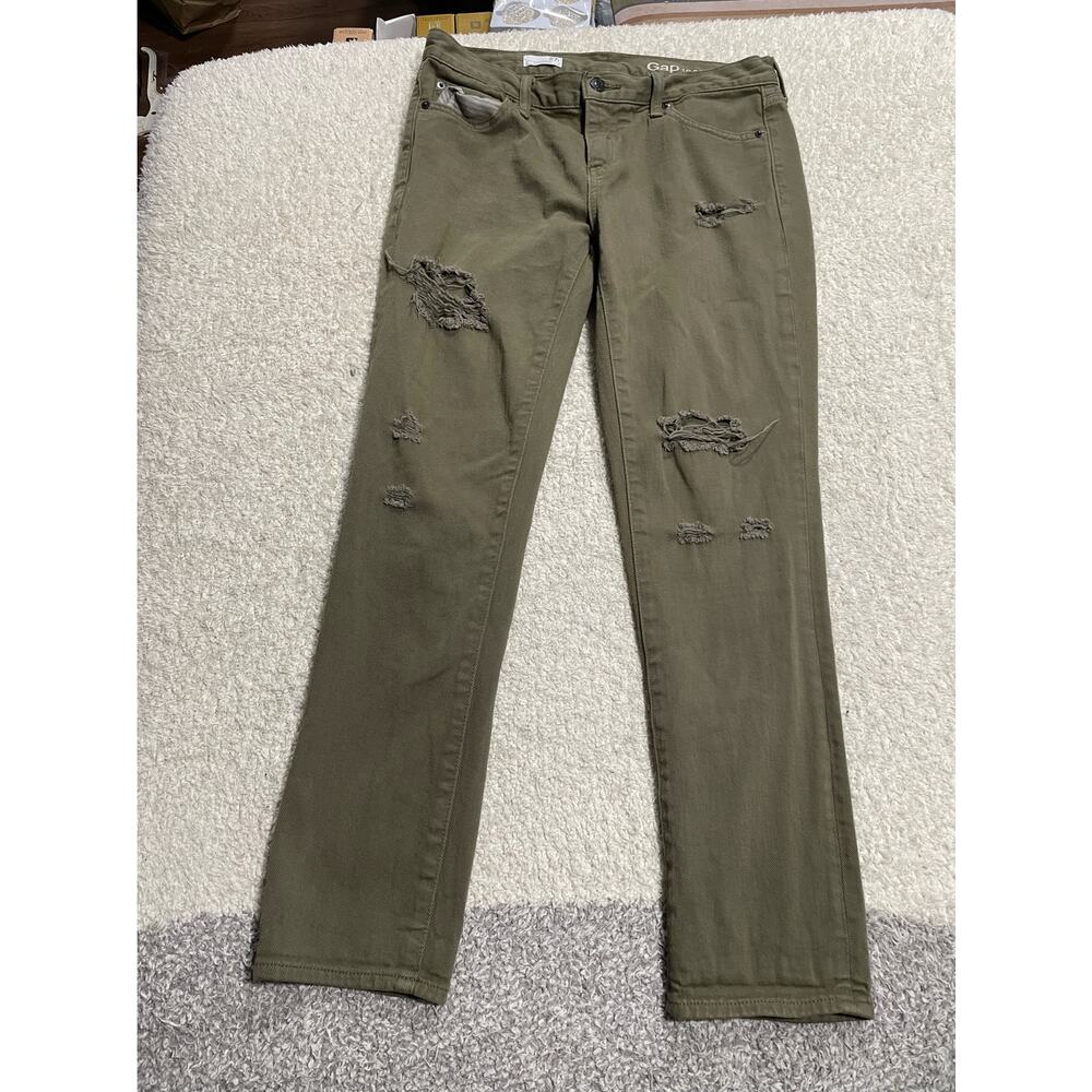 Gap Women's Size 27 Girlfriend Distressed Slim Straight Leg Jeans Olive Green